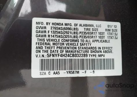 2012 Honda Pilot Lx из США, поврежденный, VIN 5FNYF4H24CB032289